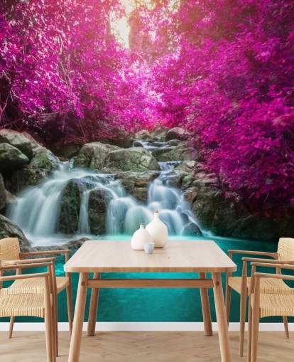 carta da parati con alberi rosa e cascata