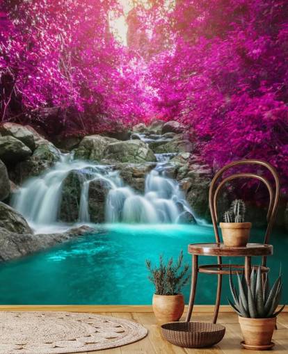 carta da parati con alberi rosa e cascata