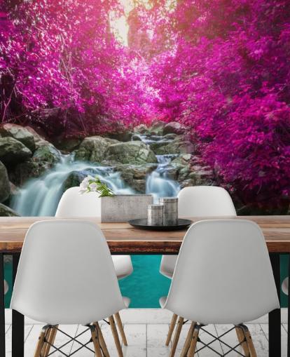 pink trees and waterfall wallpaper
