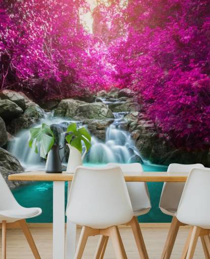 papel pintado de árboles rosados y cascada