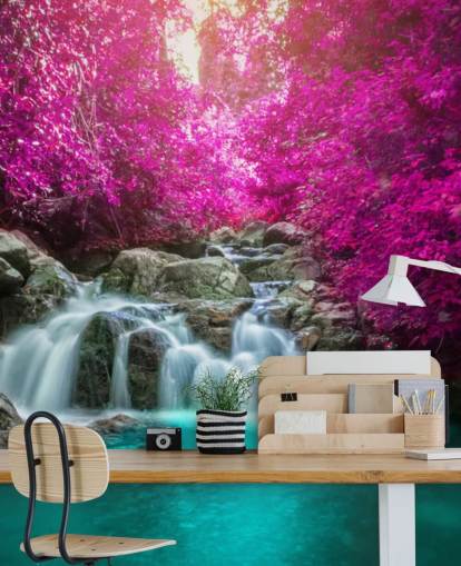papier peint arbres roses et cascade