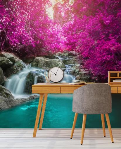 pink trees and waterfall wallpaper