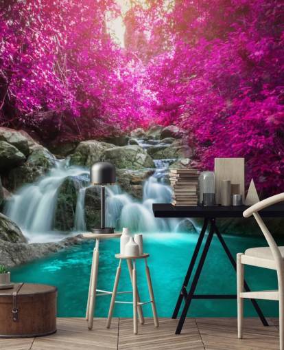 papel pintado de árboles rosados y cascada