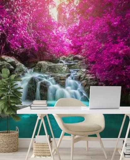 pink trees and waterfall wallpaper