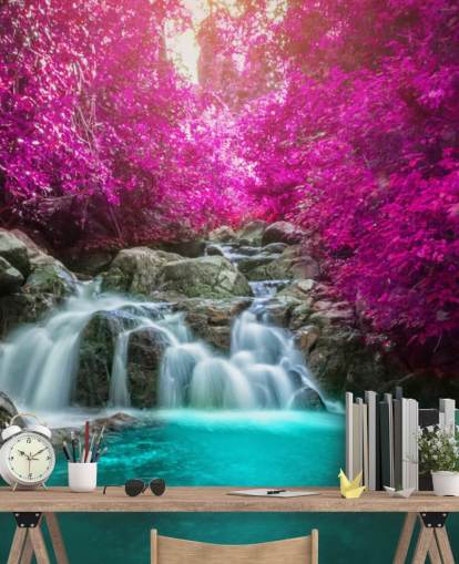 pink trees and waterfall wallpaper