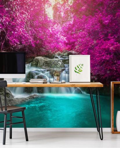 papel pintado de árboles rosados y cascada