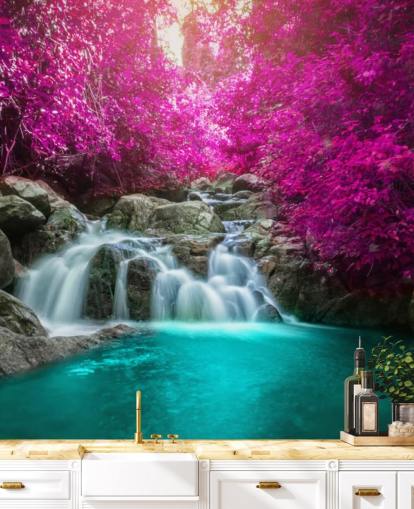 papel pintado de árboles rosados y cascada papel pintado de árboles rosados y cascada