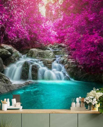 pink trees and waterfall wallpaper