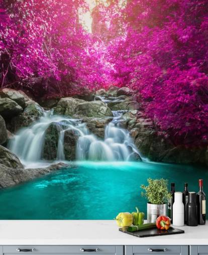 árvores rosa e papel de parede cachoeira