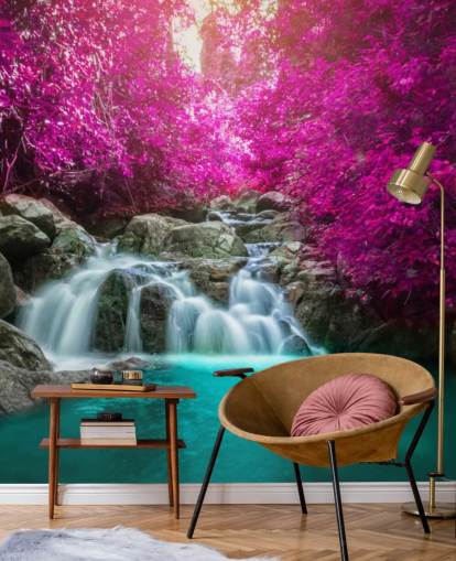 pink trees and waterfall wallpaper