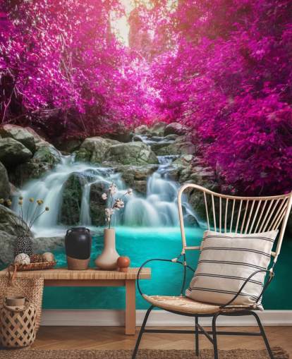 pink trees and waterfall wallpaper