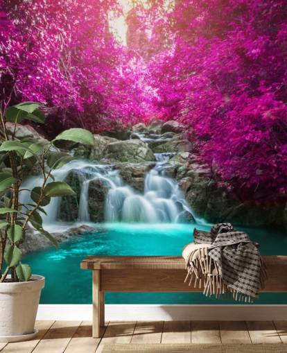 carta da parati con alberi rosa e cascata