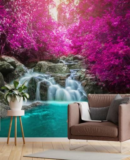 pink trees and waterfall wallpaper