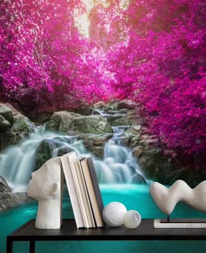 carta da parati con alberi rosa e cascata carta da parati con alberi rosa e cascata