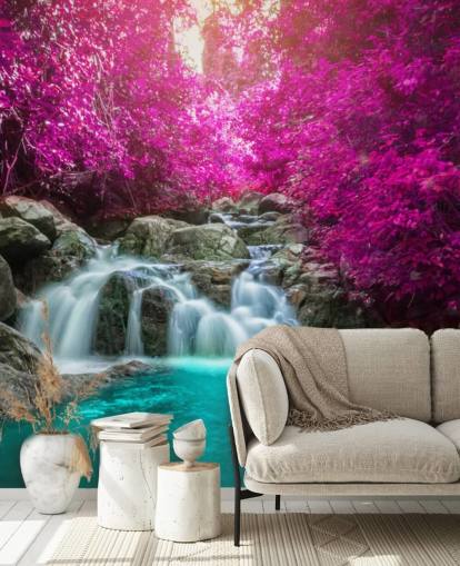 roze bomen en watervalbehang