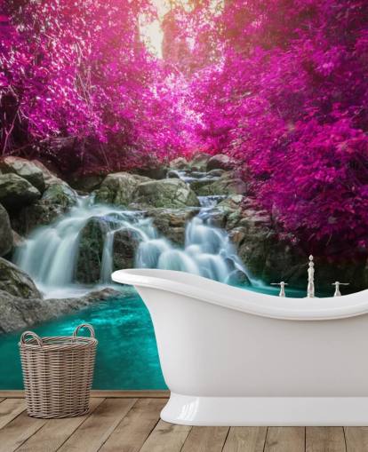 pink trees and waterfall wallpaper