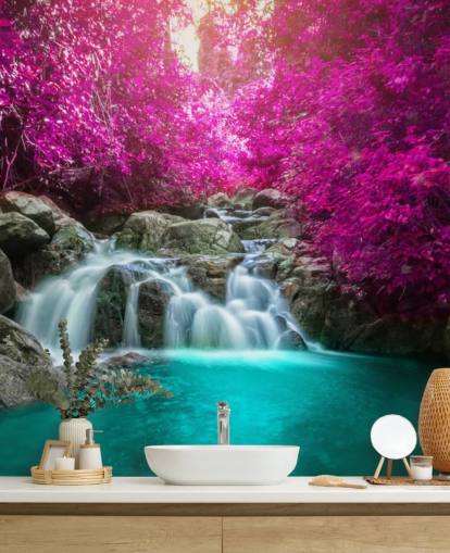 pink trees and waterfall wallpaper