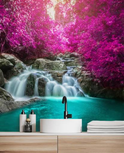 pink trees and waterfall wallpaper