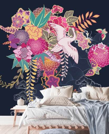 japanischer Kranich und bunte Blumentap japanischer Kranich und bunte Blumentap