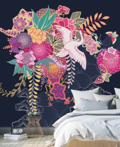 japanese crane and colourful floral wallpaper