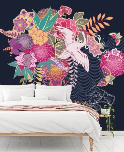 japanese crane and colourful floral wallpaper