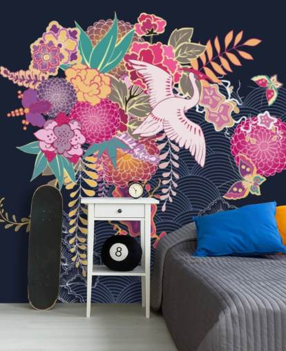 japanese crane and colourful floral wallpaper japanese crane and colourful floral wallpaper