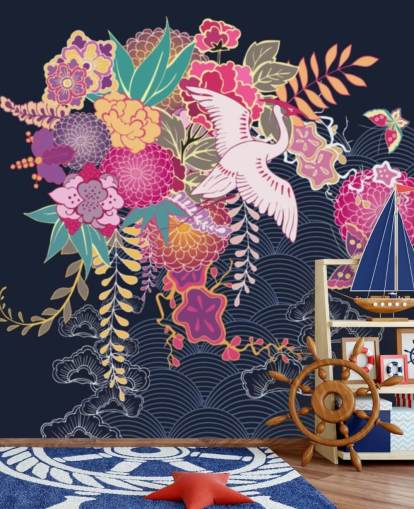 japanese crane and colourful floral wallpaper