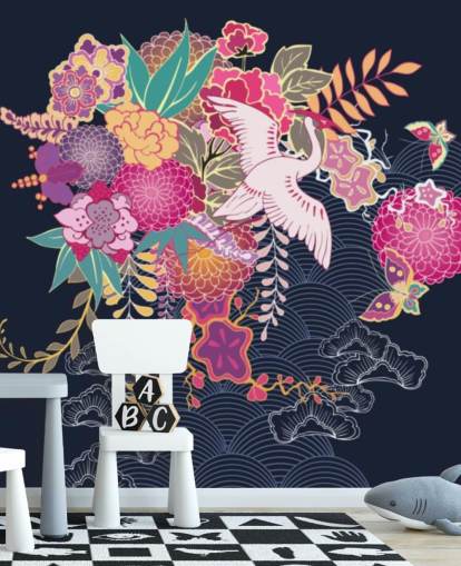 japanese crane and colourful floral wallpaper