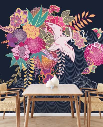 grue japonaise et papier peint floral coloré