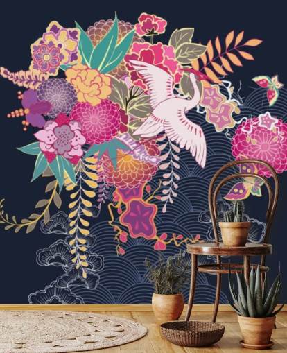 grue japonaise et papier peint floral coloré