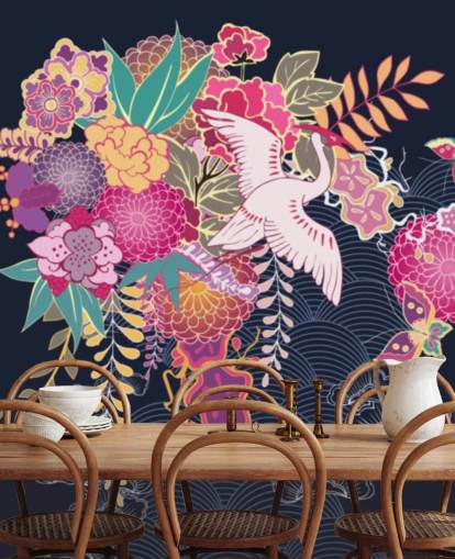 japanese crane and colourful floral wallpaper