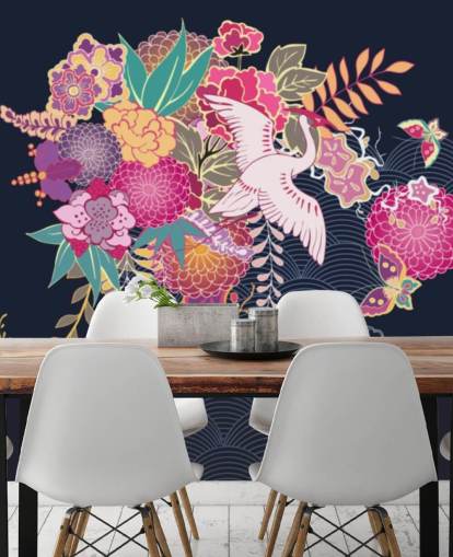 japanese crane and colourful floral wallpaper
