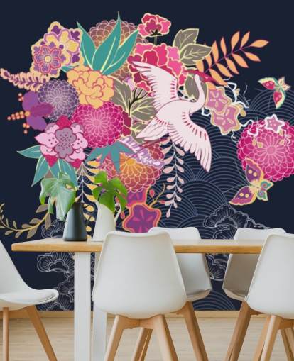 guindaste japonês e papel de parede floral colorido