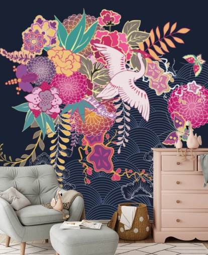 papel pintado grulla japonesa y colorido floral papel pintado grulla japonesa y colorido floral