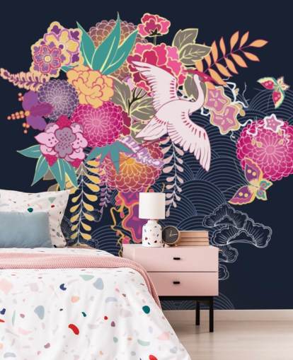 japanese crane and colourful floral wallpaper japanese crane and colourful floral wallpaper