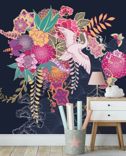 japanese crane and colourful floral wallpaper