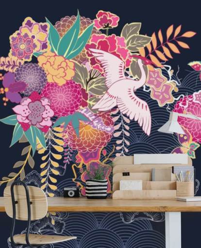 japanese crane and colourful floral wallpaper