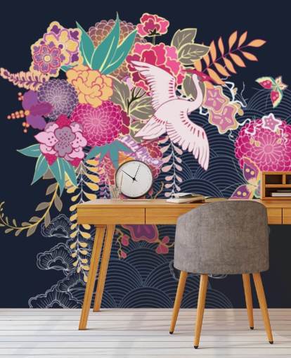 japansk kran og farverige blomster tapet