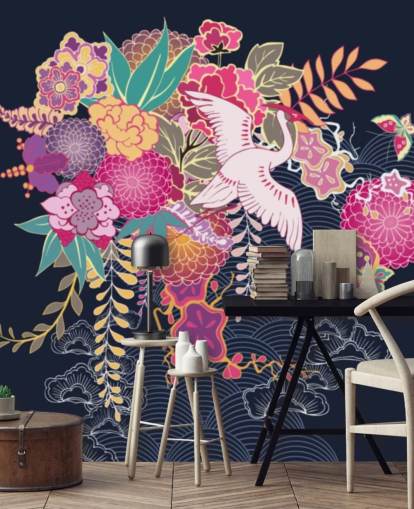 japanese crane and colourful floral wallpaper
