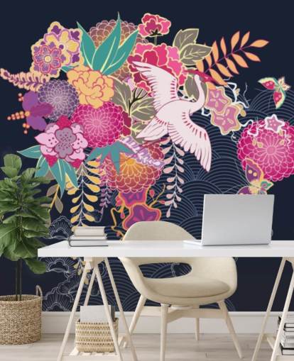 japanese crane and colourful floral wallpaper
