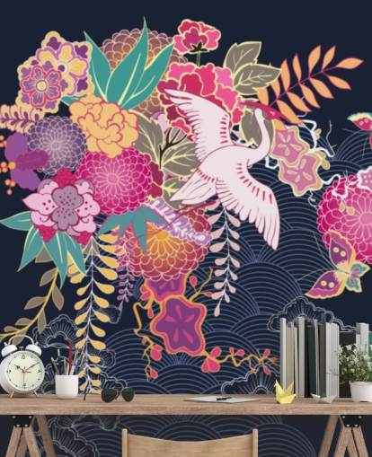 japanese crane and colourful floral wallpaper
