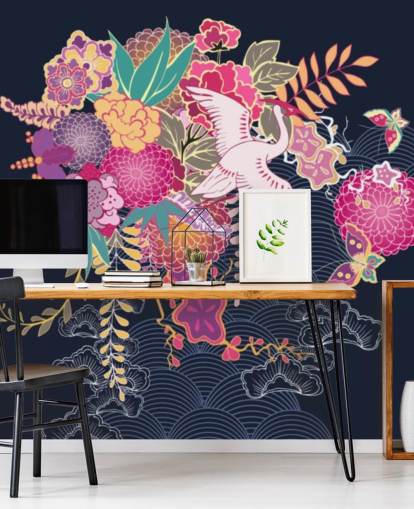 guindaste japonês e papel de parede floral colorido