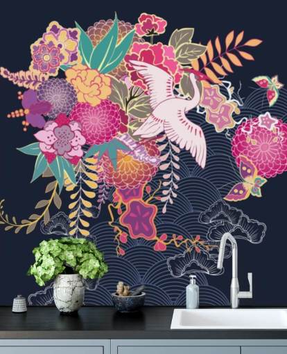 japansk kran og farverige blomster tapet