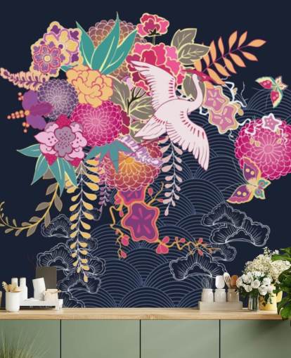 japanischer Kranich und bunte Blumentap japanischer Kranich und bunte Blumentap