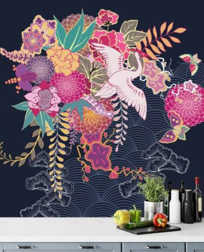 japanese crane and colourful floral wallpaper