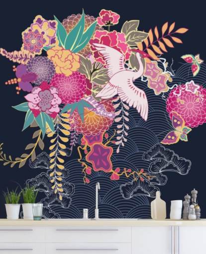 japanese crane and colourful floral wallpaper