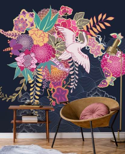 papel pintado grulla japonesa y colorido floral papel pintado grulla japonesa y colorido floral