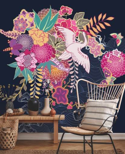 papel pintado grulla japonesa y colorido floral
