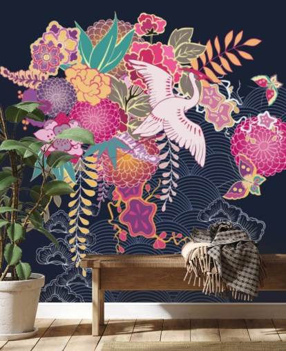 grue japonaise et papier peint floral coloré
