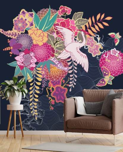 japanese crane and colourful floral wallpaper